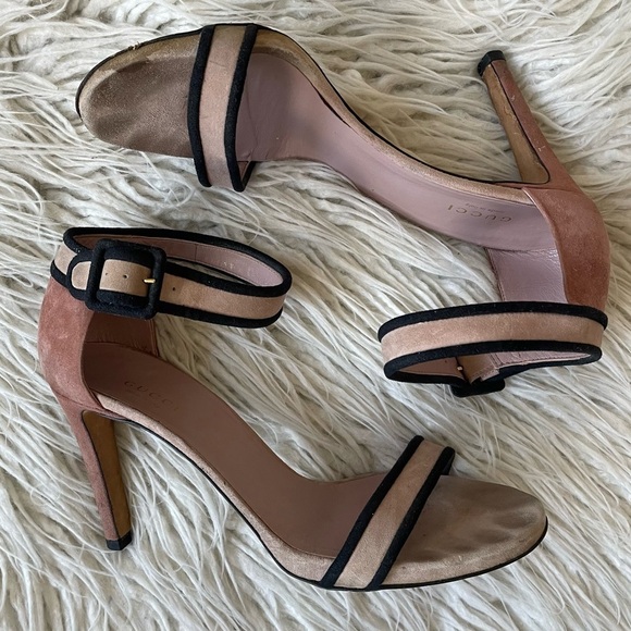 Gucci Suede Colorblock Dusty Rose Beige Ankle Strap Open Toe Heeled Sandals 38.5 - Picture 3 of 10